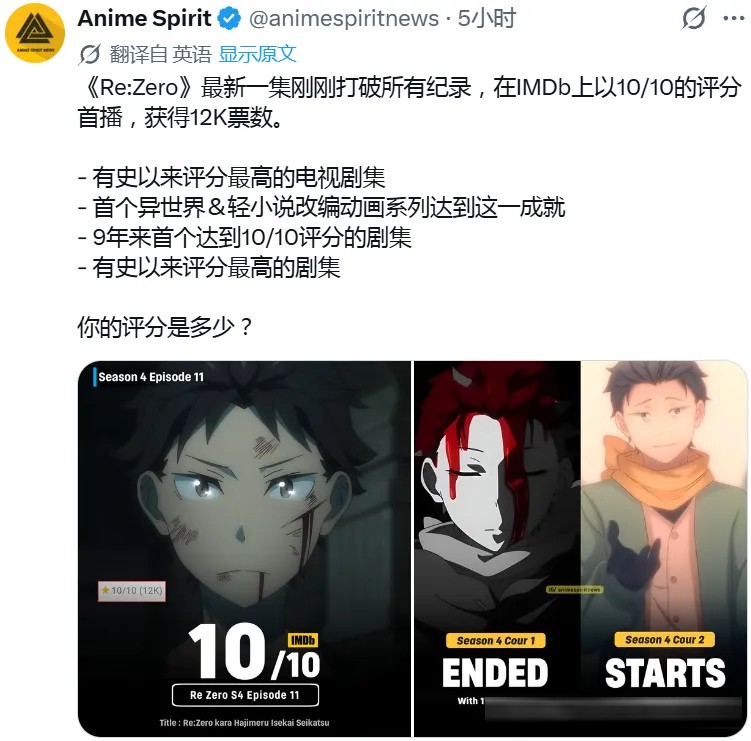 界限突破，满分！《Re：0》第11集成为TV动画史上评分最高的单集
